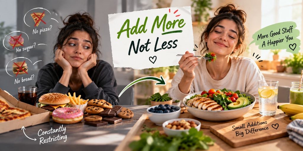 A woman enjoying nutritious foods while showing how adding vegetables, protein, fruit, and water can support balanced healthy eating.
