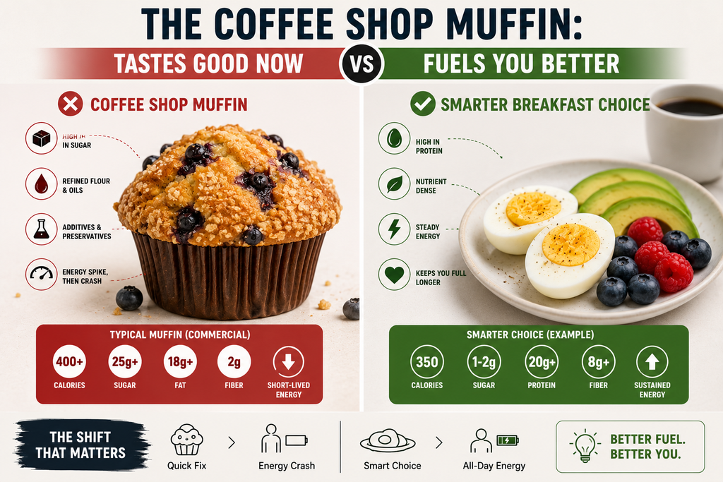 A large coffee shop muffin compared with a more balanced breakfast option, highlighting the difference between a sugary pastry and nutrient-rich foods.