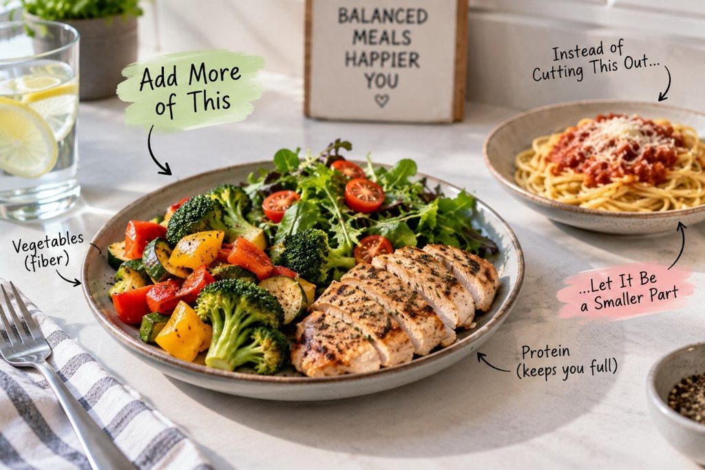 A balanced meal with grilled chicken and vegetables alongside a smaller serving of pasta to illustrate adding nutritious foods without strict restriction.