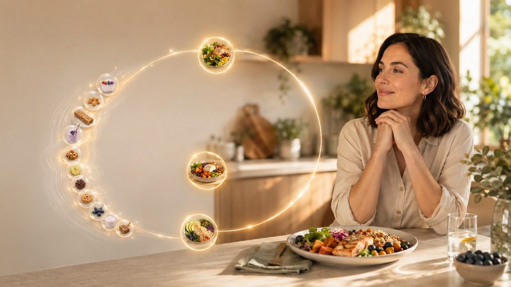 A circular food timeline contrasts frequent small snacks with spacious, balanced meal moments as a woman sits calmly beside a nourishing lunch.