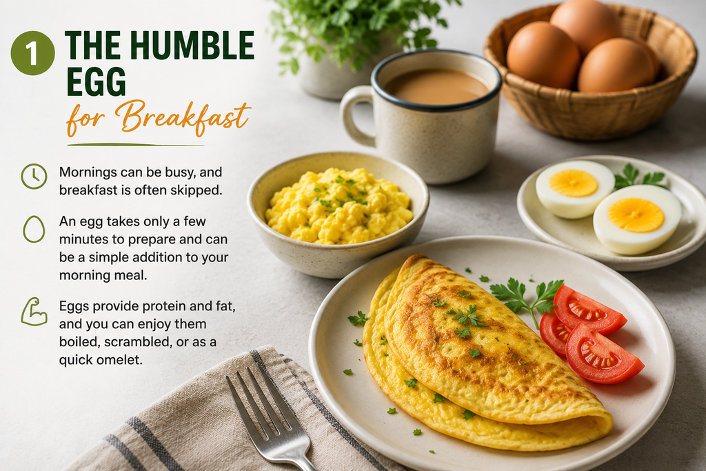 Eggs served as a simple and nutritious breakfast, including boiled eggs and an omelet.