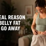 A woman in a softly lit home looks thoughtfully at her midsection, illustrating a compassionate, realistic approach to stubborn belly fat.