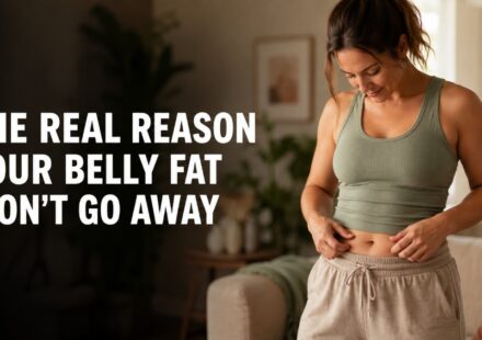 A woman in a softly lit home looks thoughtfully at her midsection, illustrating a compassionate, realistic approach to stubborn belly fat.
