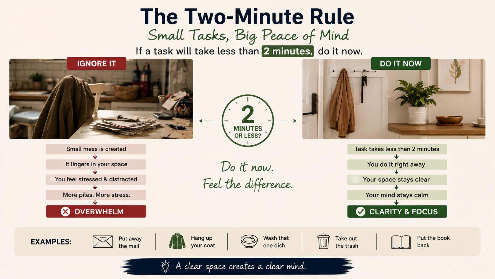 Two-minute rule for reducing clutter by completing small tasks immediately to create a cleaner, calmer space.