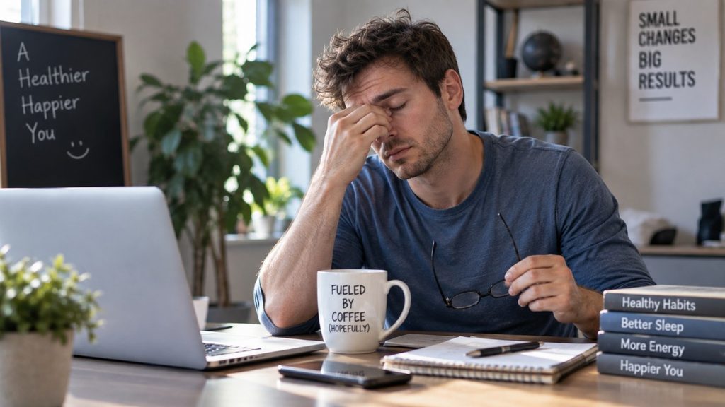 Tired man sitting at a desk with his eyes closed, surrounded by a laptop, phone, coffee, and books, illustrating everyday habits that can contribute to feeling tired.