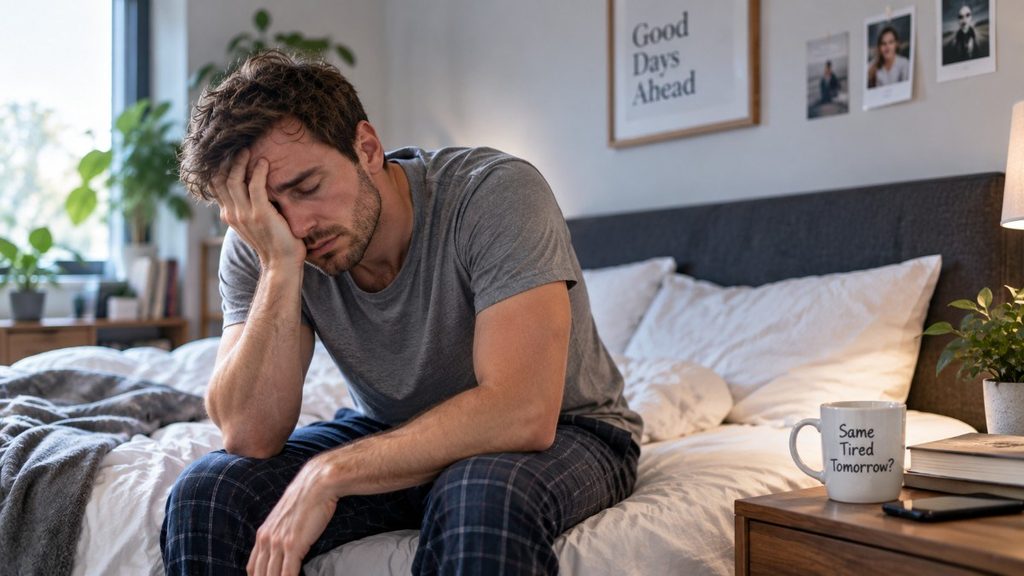 Tired man sitting on the edge of his bed in the morning, holding his head and looking exhausted.