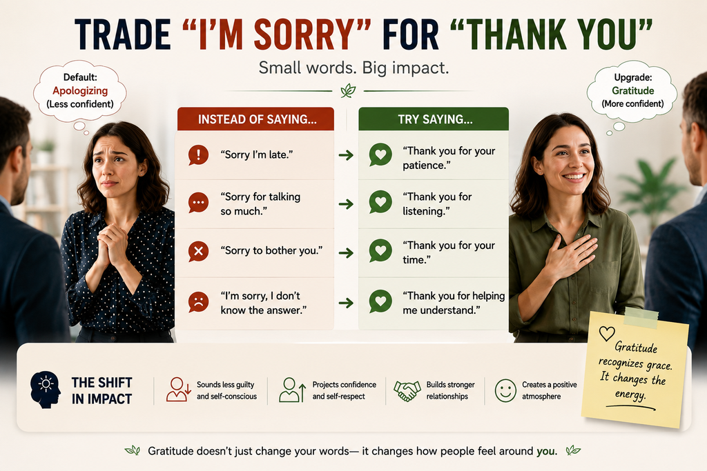 Replacing habitual apologies with expressions of gratitude to communicate with greater confidence and strengthen relationships.