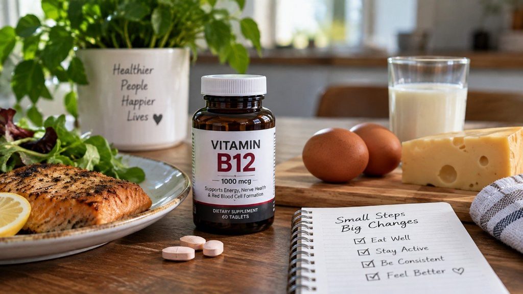 Vitamin B12 supplement bottle with salmon, eggs, cheese, and milk on a kitchen table.