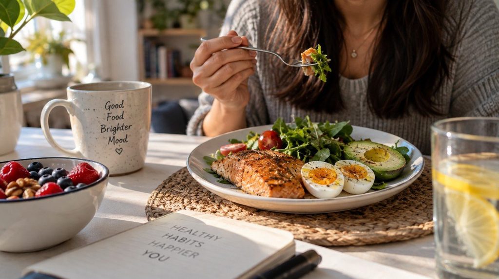 Woman eating a healthy meal with salmon, eggs, avocado, and leafy greens at home.