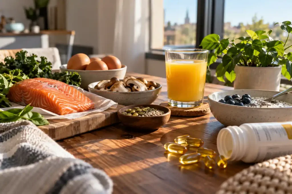 Vitamin D-rich foods including salmon, eggs, mushrooms, yogurt, and orange juice arranged on a sunlit kitchen table.