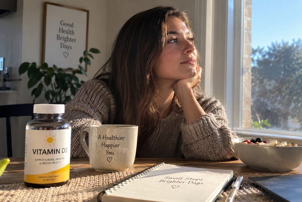 Woman sitting by a sunny window with a vitamin D supplement and healthy breakfast