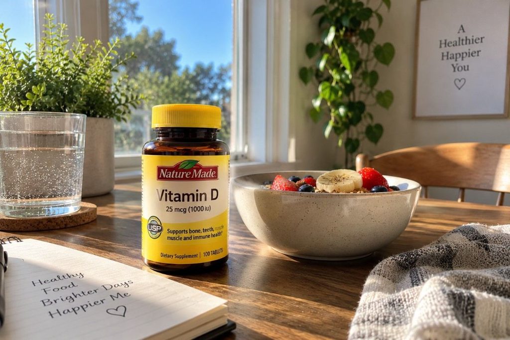 Vitamin D supplement bottle with a healthy breakfast in natural sunlight