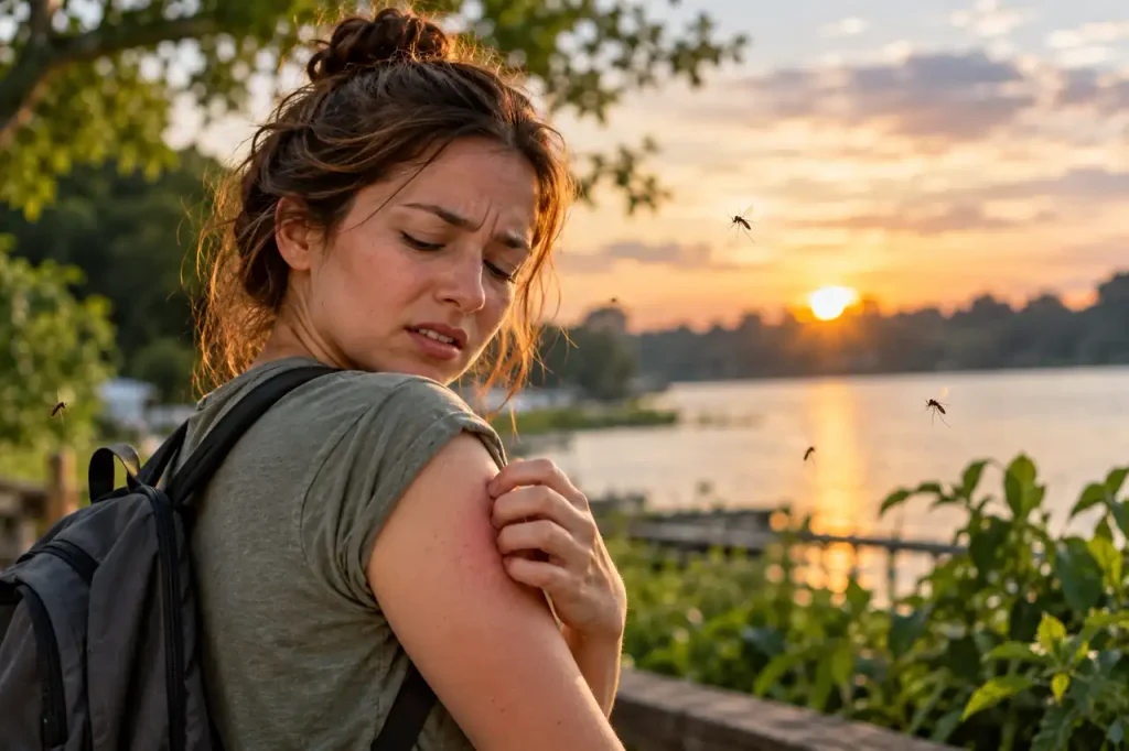 Woman outdoors near a lake checking a mosquito bite on her arm during sunset