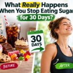 Split-screen health graphic showing sugary foods and soda on one side and a healthier lifestyle on the other, with a 30-day calendar and the headline “What Really Happens When You Stop Eating Sugar for 30 Days?”