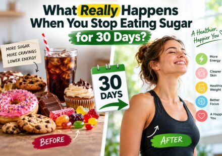 Split-screen health graphic showing sugary foods and soda on one side and a healthier lifestyle on the other, with a 30-day calendar and the headline “What Really Happens When You Stop Eating Sugar for 30 Days?”