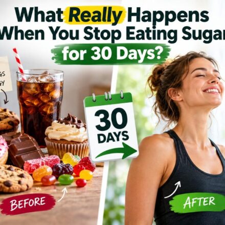 Split-screen health graphic showing sugary foods and soda on one side and a healthier lifestyle on the other, with a 30-day calendar and the headline “What Really Happens When You Stop Eating Sugar for 30 Days?”