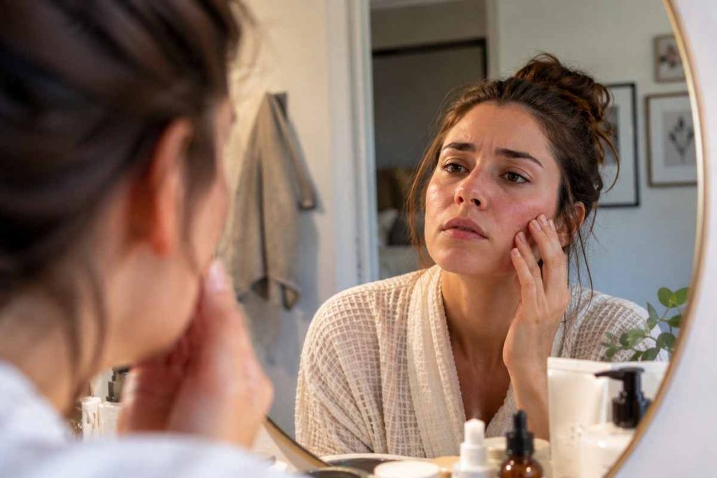 Woman examining her skin in a bathroom mirror while gently touching her cheek during a skincare routine