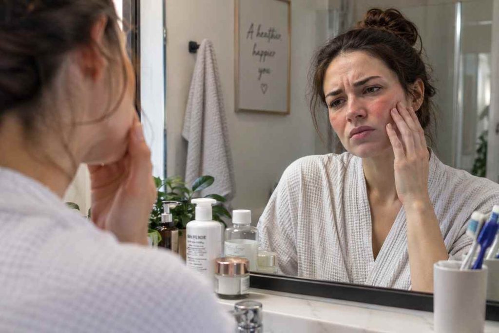 Woman examining irritated facial skin in a bathroom mirror while touching her cheek.