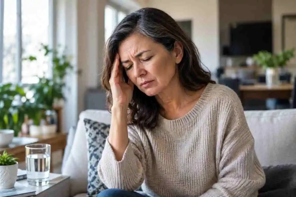 Older woman sitting on a couch and holding her temple while experiencing a headache at home