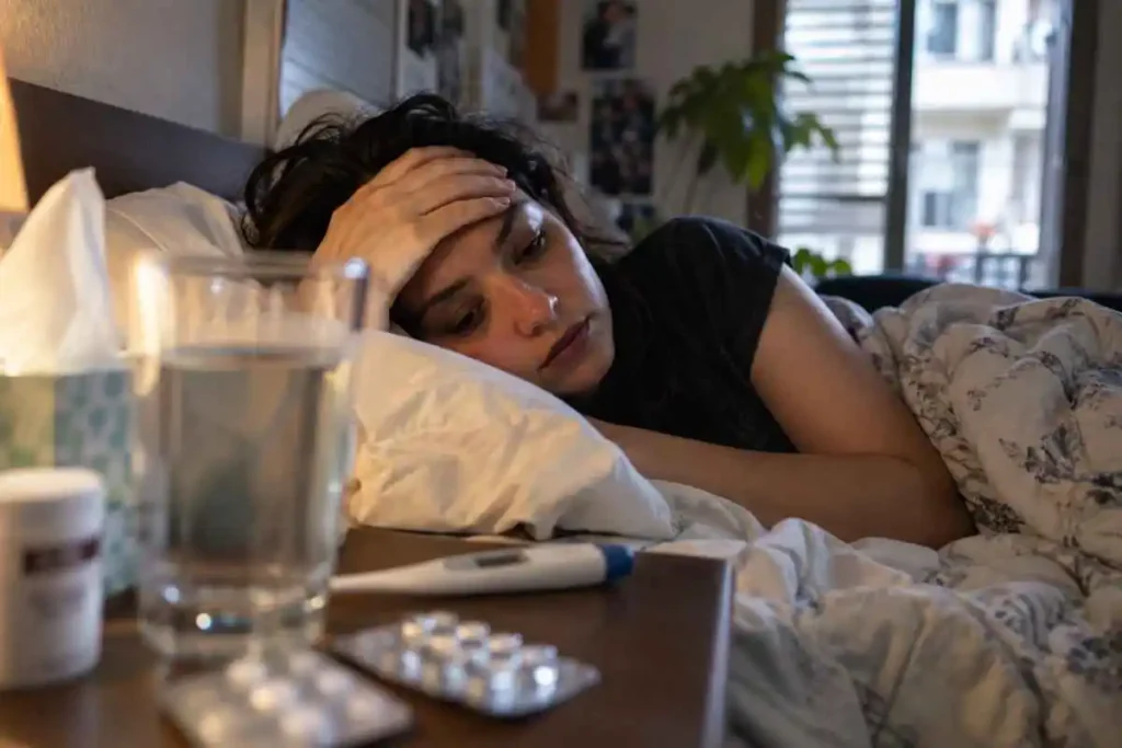 Woman resting in bed with a thermometer, water, tissues, and medicine nearby while feeling unwell