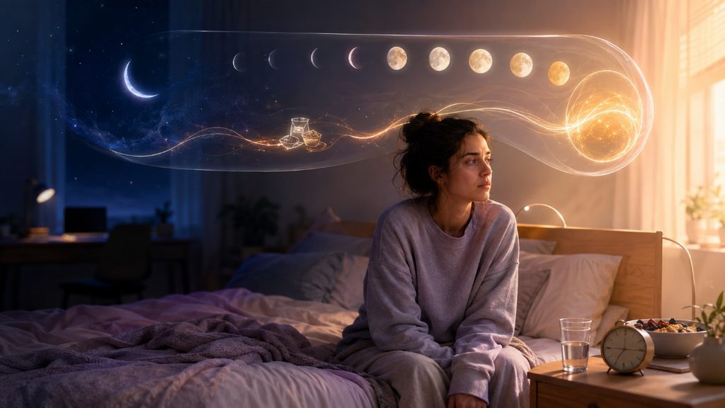 A tired woman sits on the edge of her bed as a visual trail moves from a late-night workspace to sunrise, illustrating how poor sleep can affect next-day energy and food choices.
