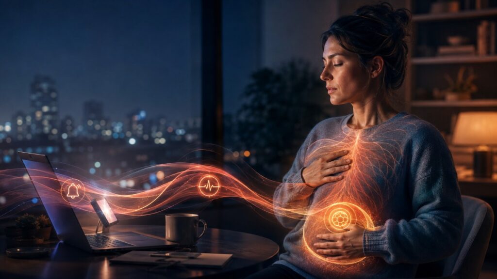 At night, a woman sits beside her laptop as glowing stress signals flow toward her chest and abdomen, symbolizing how ongoing pressure can keep the body in an alarm state.
