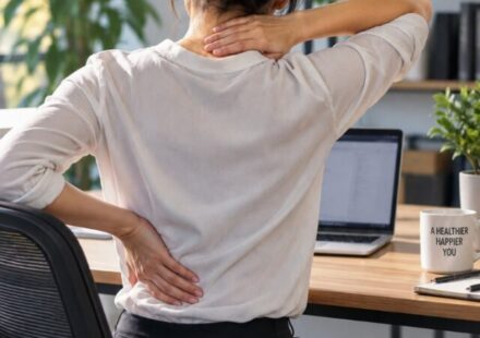 Office worker experiencing neck and lower back discomfort after sitting at a desk