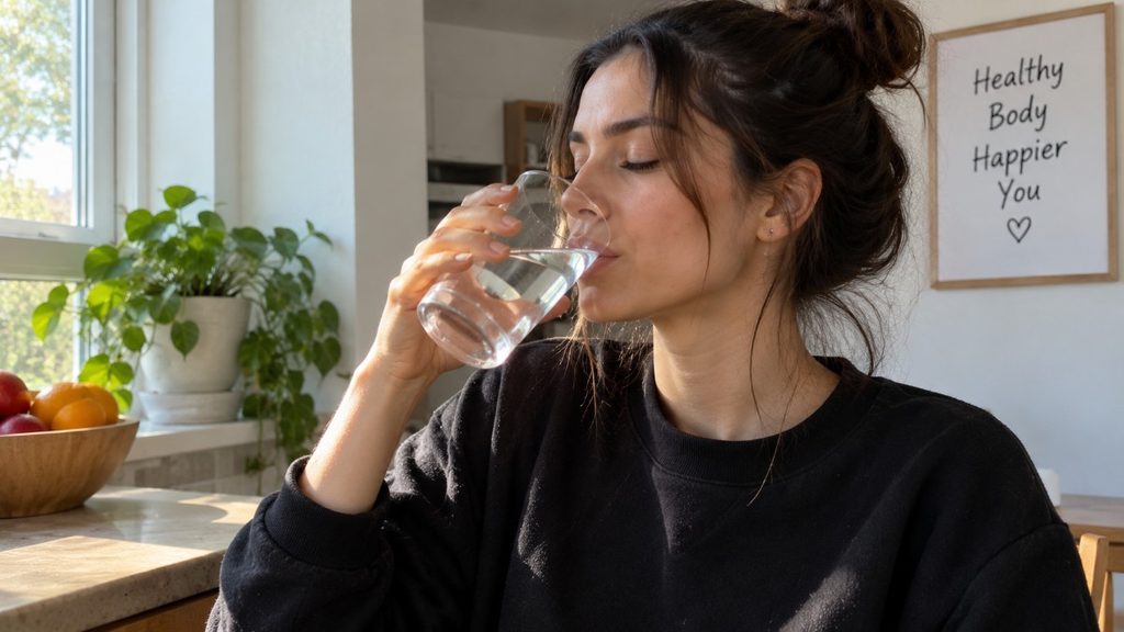 woman drinking a glass of water in a bright home kitchen with fresh fruit and plants