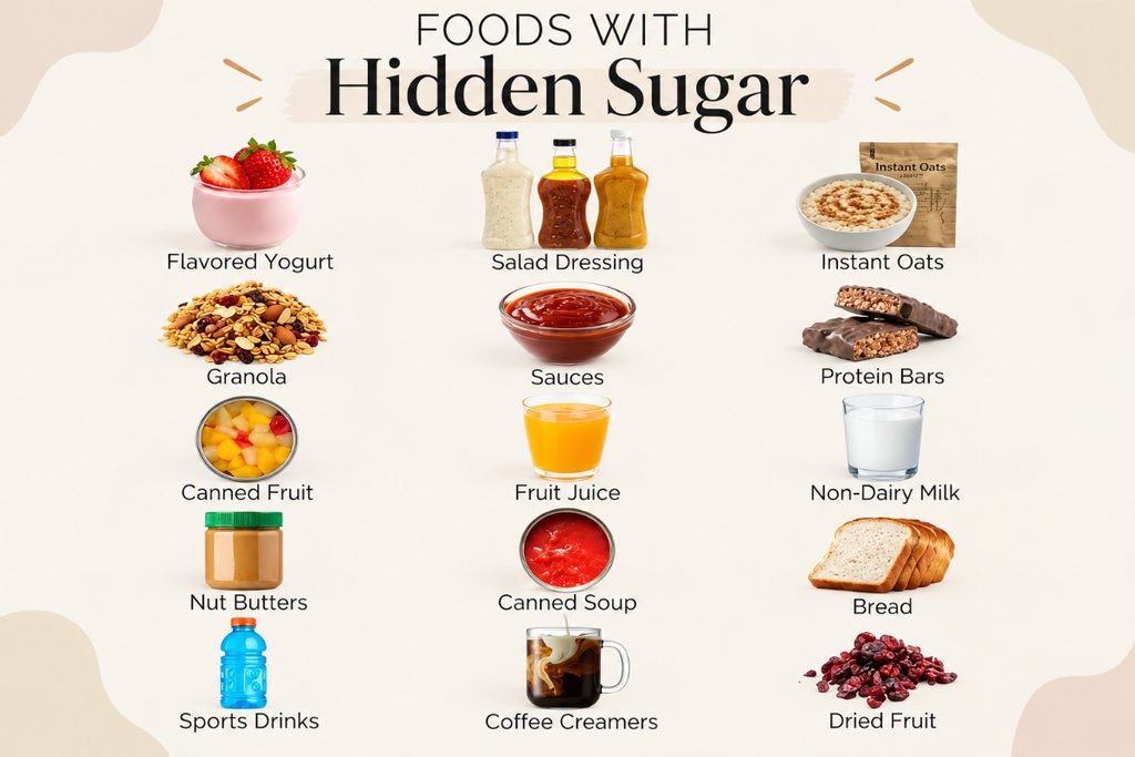 Infographic showing 15 everyday foods and drinks that may contain hidden added sugar, including flavored yogurt, salad dressing, instant oats, granola, sauces, protein bars, canned fruit, fruit juice, non-dairy milk, nut butter, canned soup, bread, sports drinks, coffee creamers, and dried fruit.