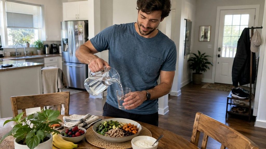 Man pouring water beside a healthy balanced meal in a bright home kitchen, representing healthy digestion habits.