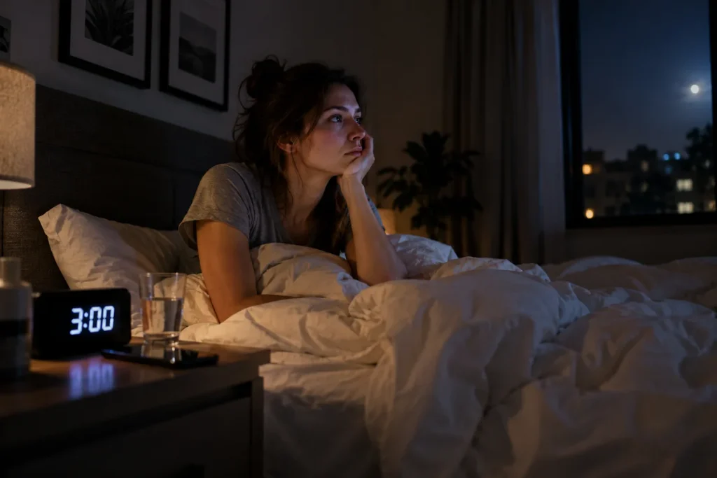 Woman awake in bed at night, looking toward a moonlit window beside a glowing 3 a.m. alarm clock.
