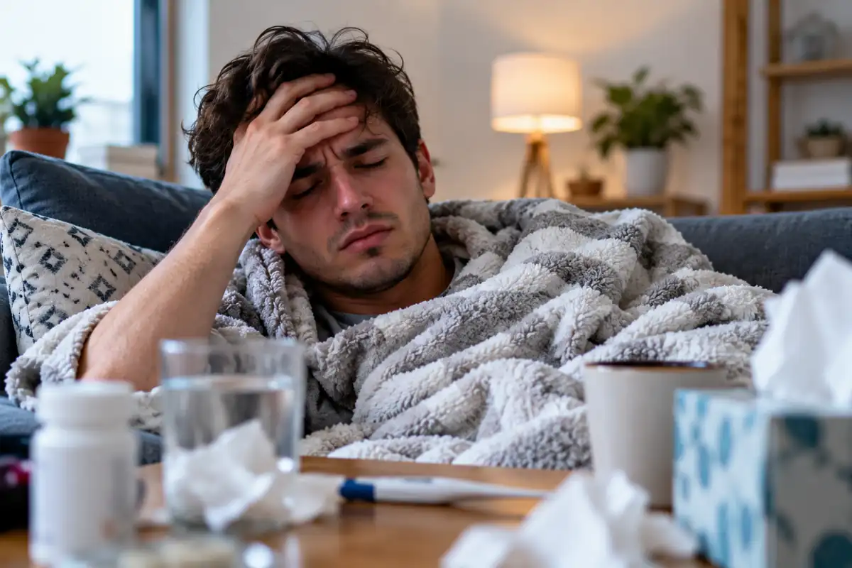 Young man resting on a couch with a severe headache and flu-like symptoms at home.