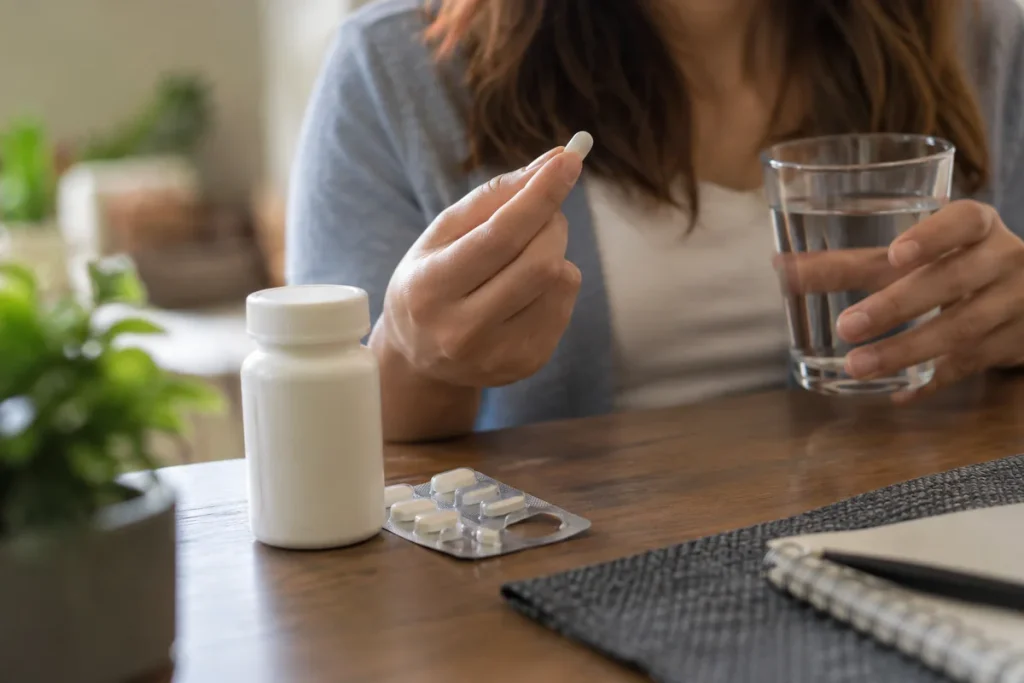 Woman holding a naproxen tablet and a glass of water beside a medicine bottle and blister pack at home.