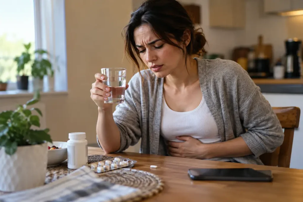 Woman experiencing stomach discomfort while holding a glass of water beside medicine tablets at home.