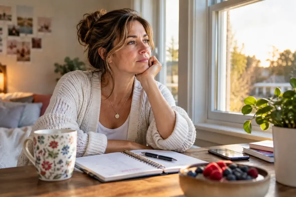 Middle-aged woman sitting by a window at home, reflecting on her health during perimenopause with a journal, smartphone, and cup of tea nearby.