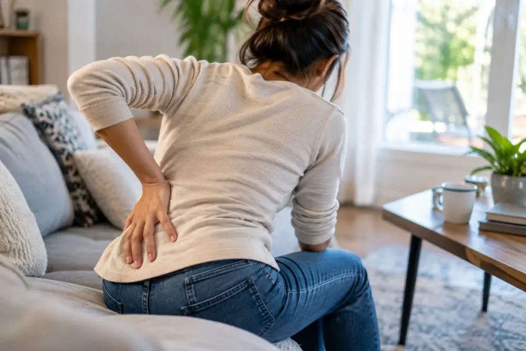 Woman sitting on a sofa and holding her lower back while experiencing sciatica-related pain at home.