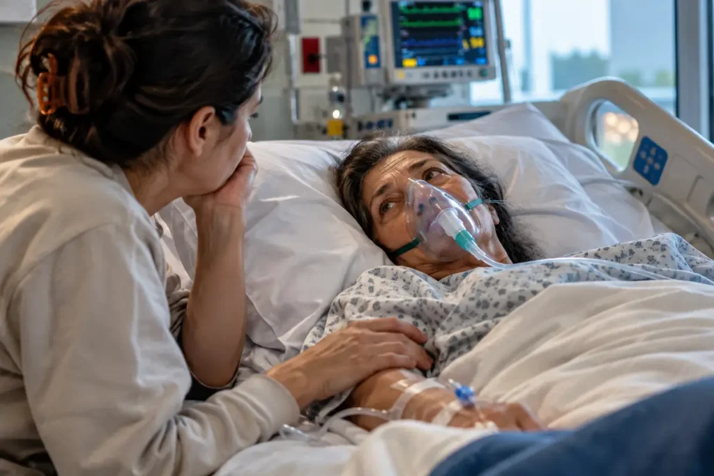 Adult patient receiving hospital care for a serious infection while a family member stays by her bedside.