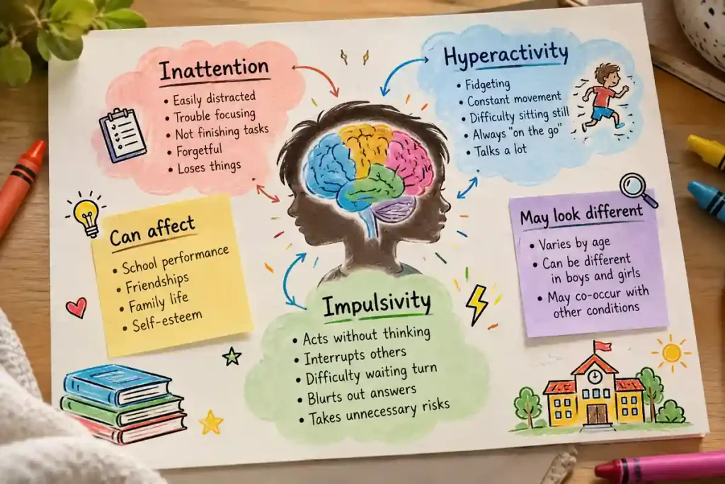 Hand-drawn infographic illustrating ADHD symptoms in children, including inattention, hyperactivity, and impulsivity.
