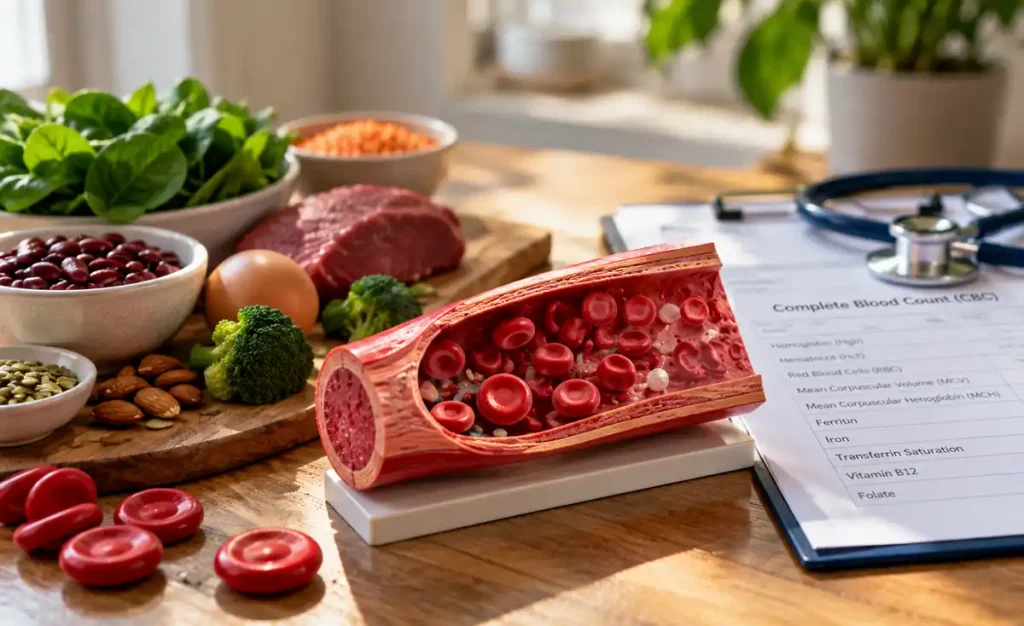 Realistic medical illustration of red blood cells inside a blood vessel, surrounded by iron-rich foods, leafy greens, and a complete blood count test report.