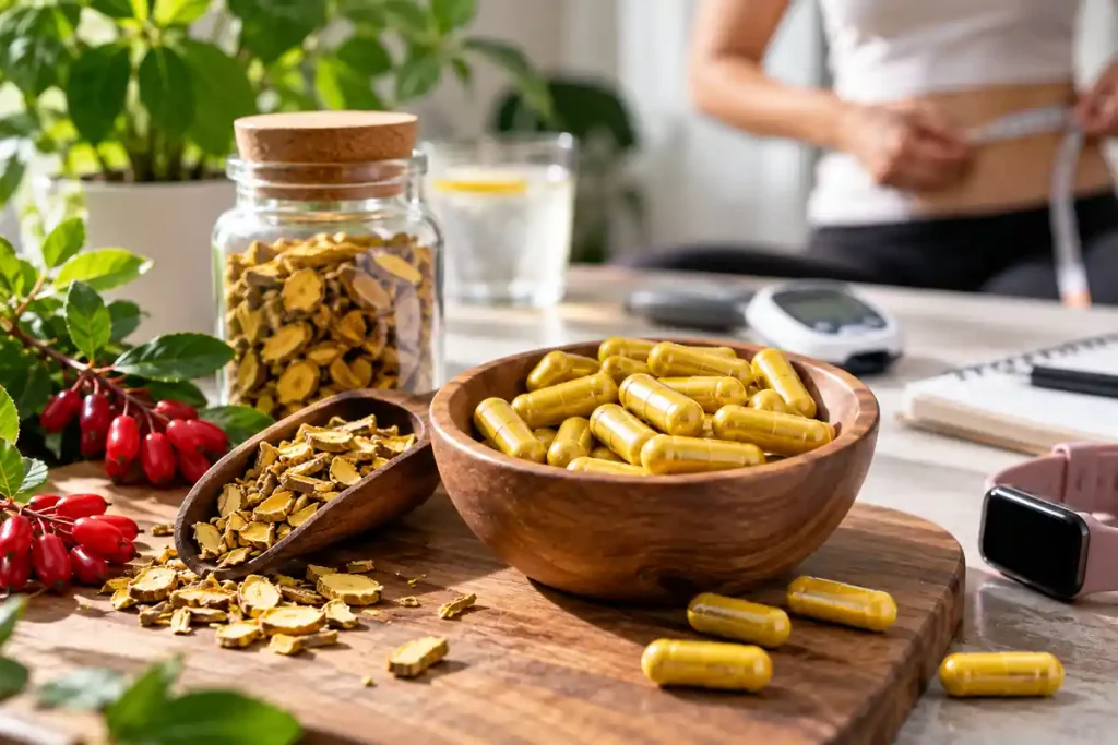 Berberine capsules and herbs arranged on a wooden table with a glucometer, measuring tape, and healthy lifestyle items in the background.