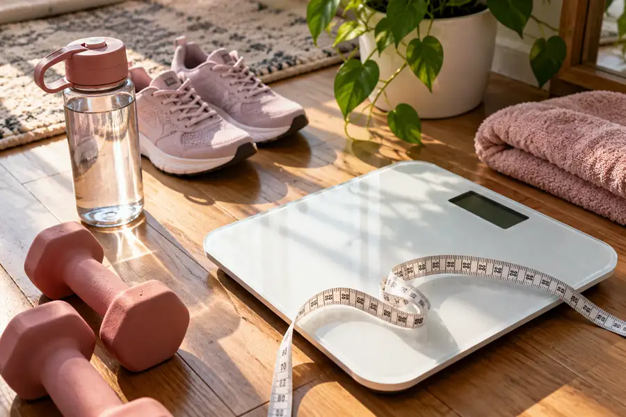 Realistic home workout setup with a digital weighing scale, measuring tape, pink dumbbells, water bottle, and sneakers on a wooden floor.