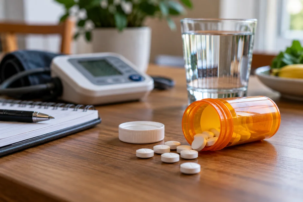 Chlorthalidone tablets beside a blood pressure monitor and glass of water on a wooden table