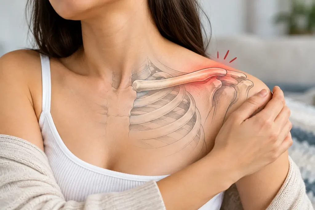 Clavicle (collarbone) pain with anatomical illustration of the shoulder and collarbone
