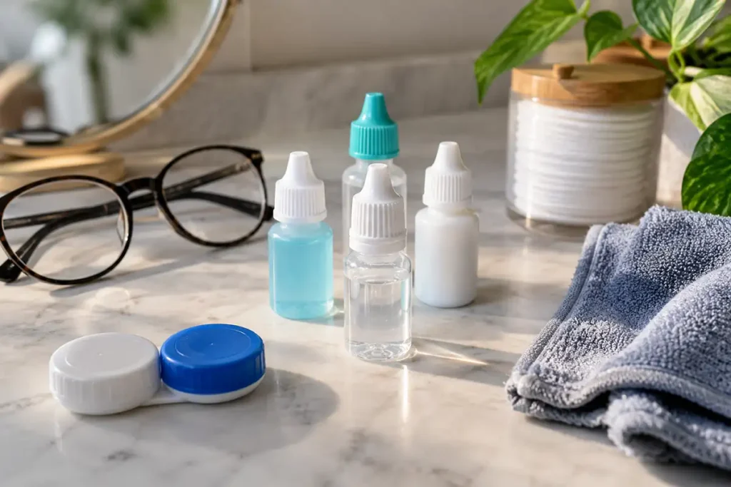 Eye drops, eyeglasses, contact lens case, and eye-care accessories arranged on a softly lit home surface.