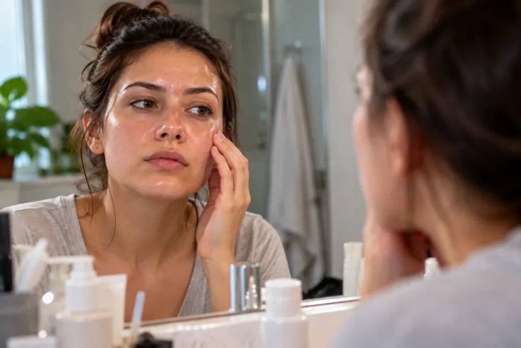 Woman examining her slightly shiny skin in a bathroom mirror