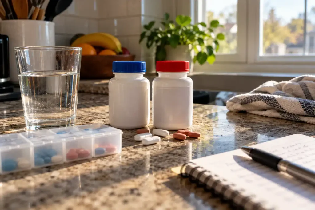 A glass of water, pill bottles, assorted tablets, and a weekly pill organizer on a sunlit kitchen countertop in a natural home setting.