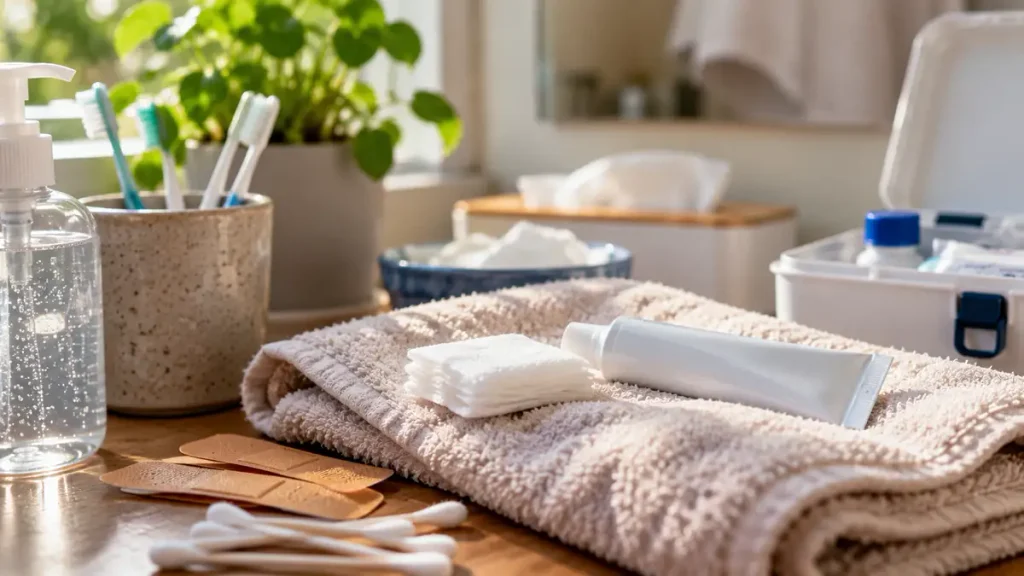 Home skin-care supplies for impetigo, including ointment, cotton pads, bandages, and antiseptic sanitizer on a towel-covered bathroom counter.