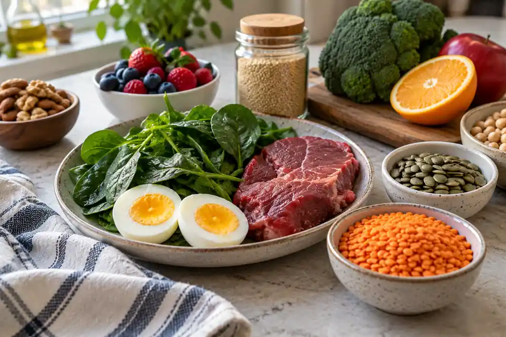 A natural spread of iron-rich foods including spinach, lean beef, boiled eggs, lentils, pumpkin seeds, chickpeas, nuts, and fresh fruit on a kitchen countertop.