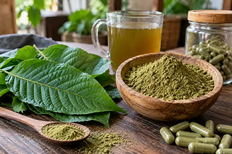 Kratom leaves, green herbal powder, capsules, and herbal tea arranged on a rustic wooden table in a natural setting.