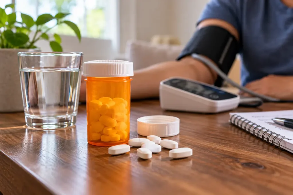 Prescription medication bottle, tablets, and water glass beside a person checking blood pressure at home.